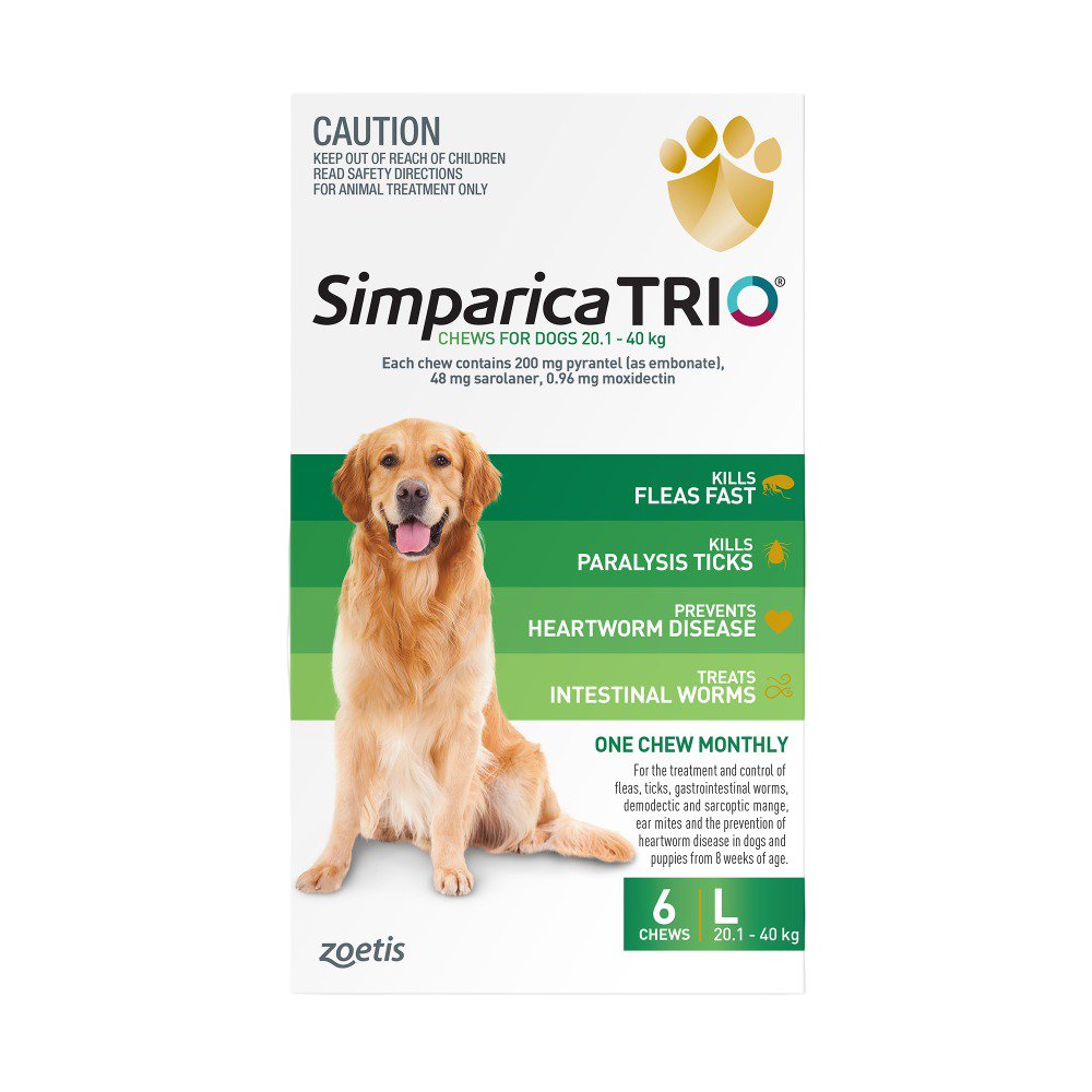 Simparica Trio for Large Dogs 20.1–40kg (Green) Flea, Tick & Worm Chewables