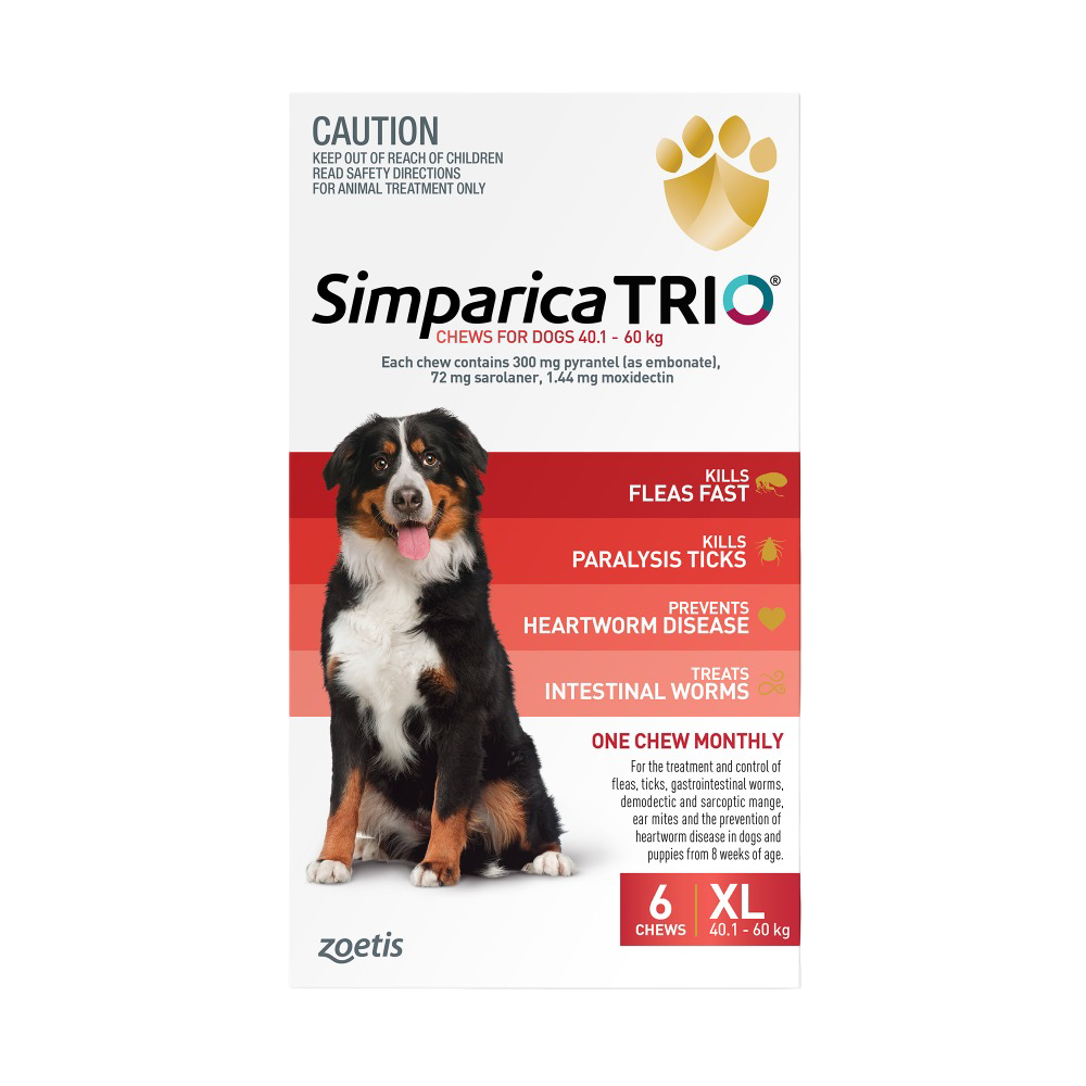 Simparica Trio for Extra Large Dogs 40.1–60kg (Red) Flea, Tick & Worm Chewables