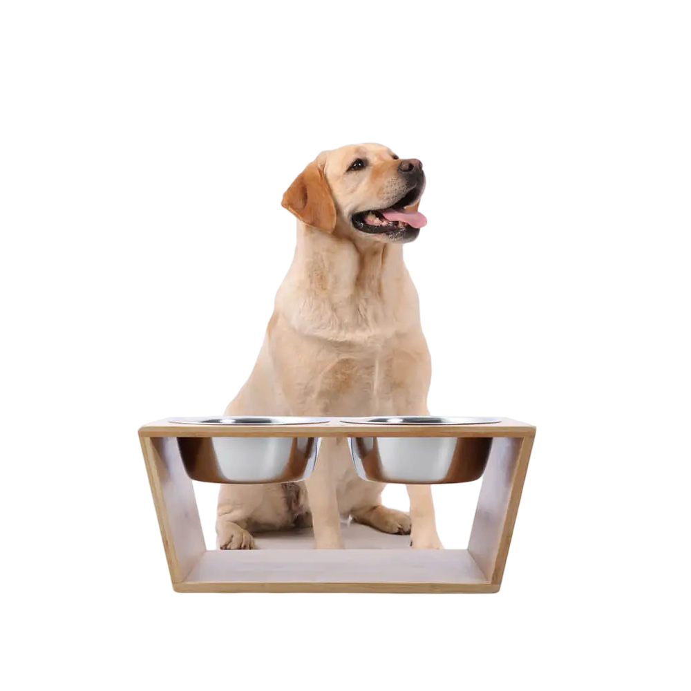 Charlies Natural Bamboo Pet Feeder With Dual Stainless Steel Bowls