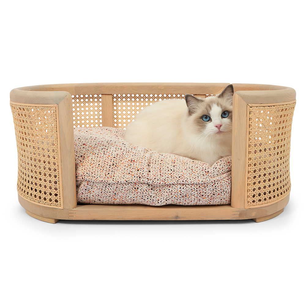 Nujiao Natural Oak Wood Wicker Frame Pink Cushion Pet Bed
