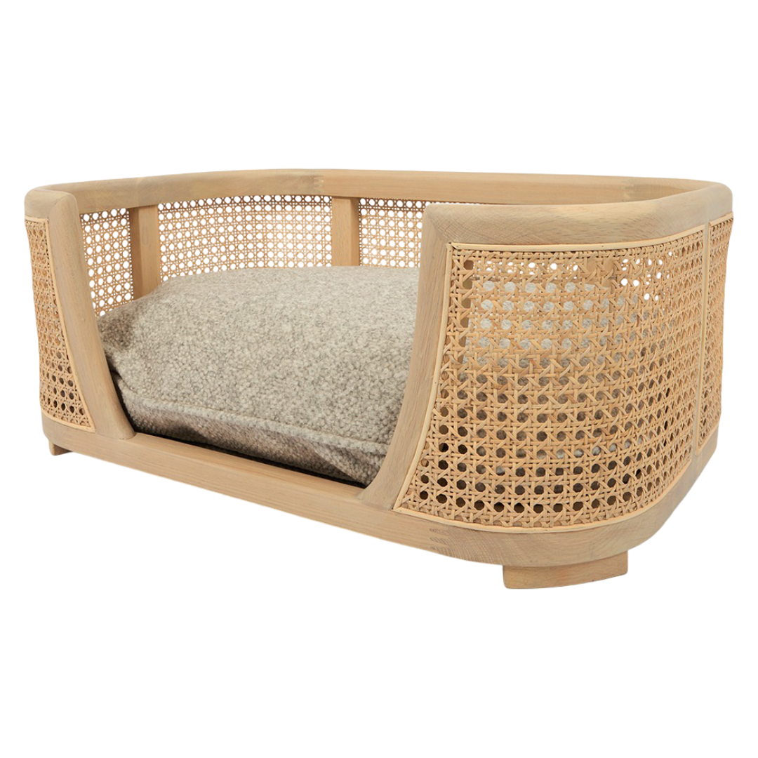 Nujiao Natural Oak Wood Wicker Frame Light Grey Cushion Pet Bed